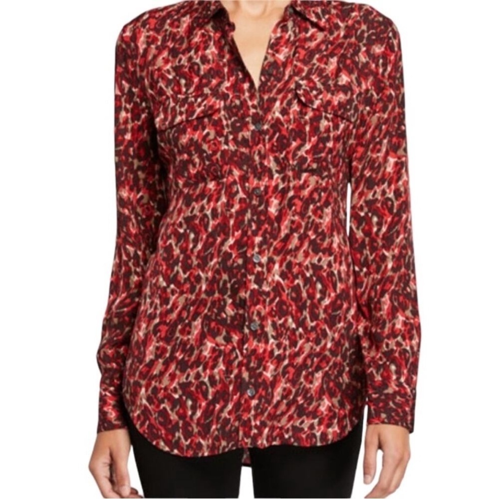 NWT Equipment Femme Red Leopard Viscose Button Down Blouse Top Shirt Size Small